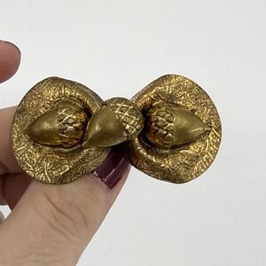 Vintage Antique Gold Tone Acorn Leaf Brooch Victorian Revival Pin 2"‎